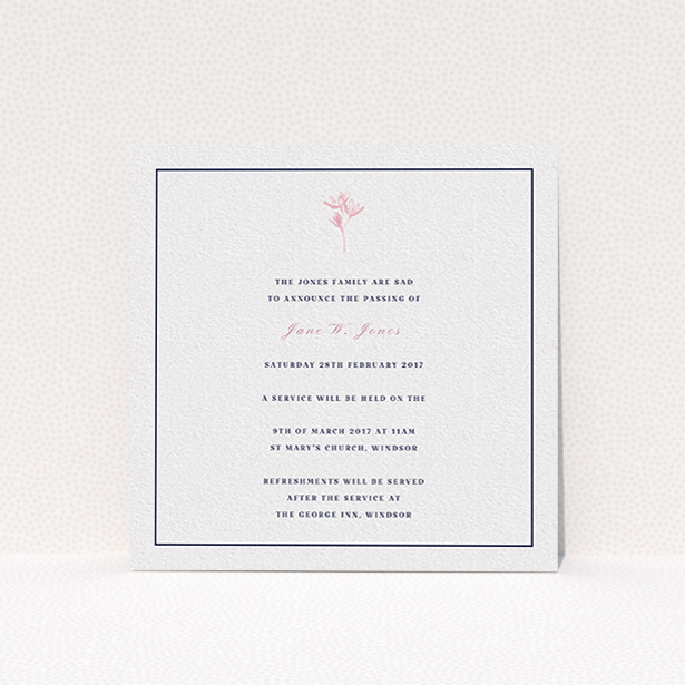 A funeral announcement card design called "Simplistic daisy". It is a square (148mm x 148mm) card in a square orientation. "Simplistic daisy" is available as a flat card, with tones of white and pink.