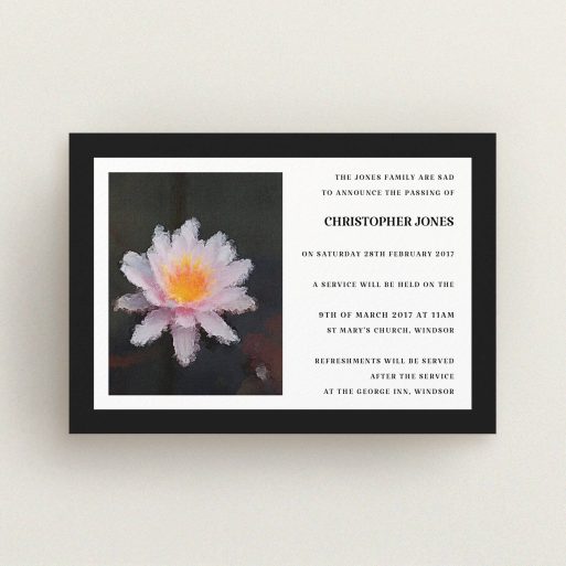 A funeral announcement card template titled "Single Water Lily". It is an A6 card in a landscape orientation. "Single Water Lily" is available as a flat card, with tones of black and white.