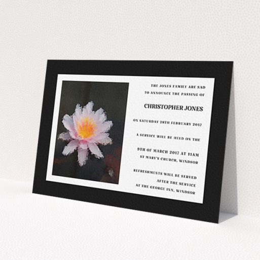 A funeral announcement card template titled 'Single Water Lily'. It is an A6 card in a landscape orientation. 'Single Water Lily' is available as a flat card, with tones of black and white.