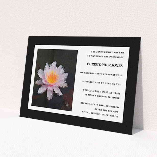 A funeral announcement card template titled "Single Water Lily". It is an A6 card in a landscape orientation. "Single Water Lily" is available as a flat card, with tones of black and white.