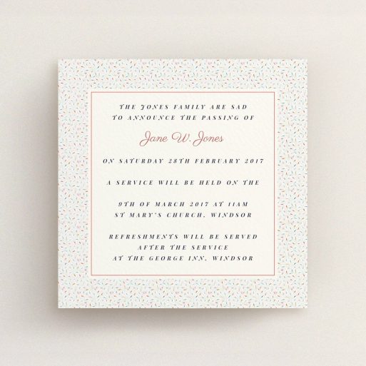 A funeral announcement card template titled "Speckles of colour". It is a square (148mm x 148mm) card in a square orientation. "Speckles of colour" is available as a flat card, with tones of cream and red.