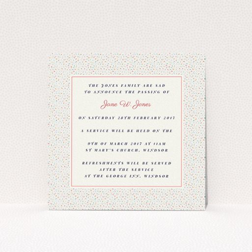 A funeral announcement card template titled "Speckles of colour". It is a square (148mm x 148mm) card in a square orientation. "Speckles of colour" is available as a flat card, with tones of cream and red.