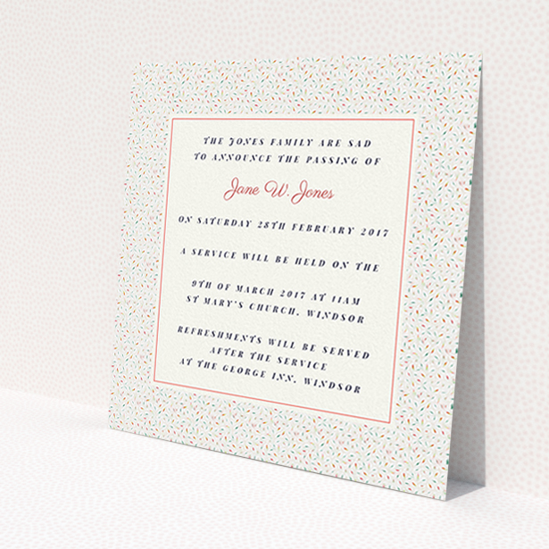 A funeral announcement card template titled "Speckles of colour". It is a square (148mm x 148mm) card in a square orientation. "Speckles of colour" is available as a flat card, with tones of cream and red.