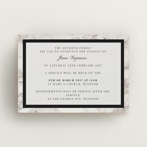 A funeral announcement card design named "Stead fast marble". It is an A6 card in a landscape orientation. "Stead fast marble" is available as a flat card, with tones of grey and black.