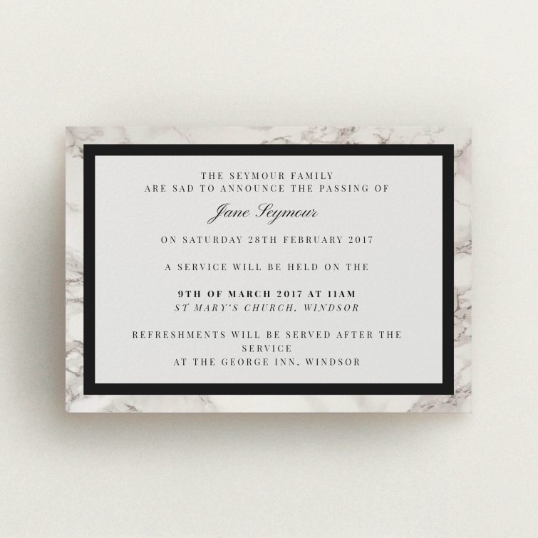 A funeral announcement card design named "Stead fast marble". It is an A6 card in a landscape orientation. "Stead fast marble" is available as a flat card, with tones of grey and black.