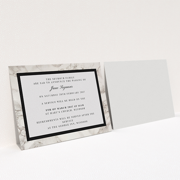 A funeral announcement card design named "Stead fast marble". It is an A6 card in a landscape orientation. "Stead fast marble" is available as a flat card, with tones of grey and black.