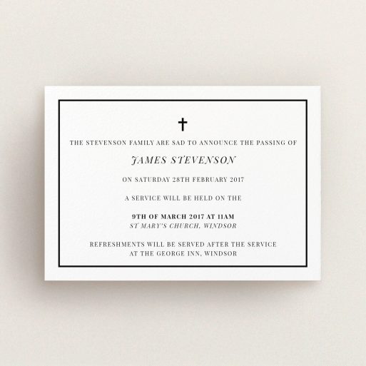 A funeral announcement card named "The simple messenger". It is an A6 card in a landscape orientation. "The simple messenger" is available as a flat card, with tones of white and black.
