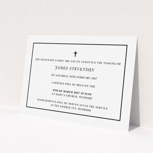 A funeral announcement card named 'The simple messenger'. It is an A6 card in a landscape orientation. 'The simple messenger' is available as a flat card, with tones of white and black.
