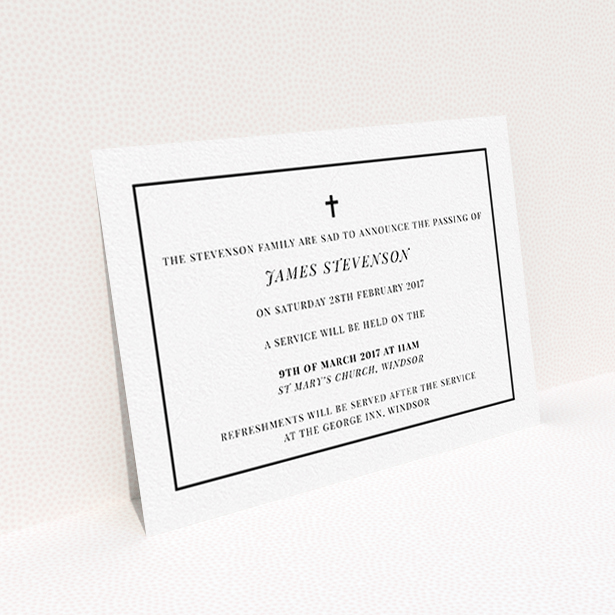 A funeral announcement card named "The simple messenger". It is an A6 card in a landscape orientation. "The simple messenger" is available as a flat card, with tones of white and black.