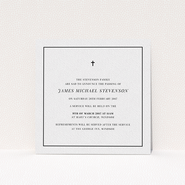 A funeral announcement card template titled "The simple messenger". It is a square (148mm x 148mm) card in a square orientation. "The simple messenger" is available as a flat card, with tones of white and black.
