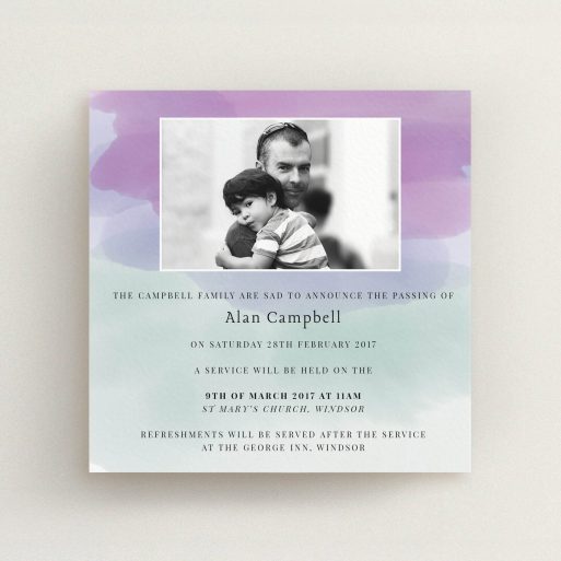 A funeral announcement card called "Watercolour on watercolour". It is a square (148mm x 148mm) card in a square orientation. It is a photographic funeral announcement card with room for 1 photo. "Watercolour on watercolour" is available as a flat card, with tones of green, purple and pale blue.