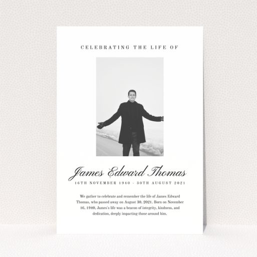 Funeral announcement card with one photo.