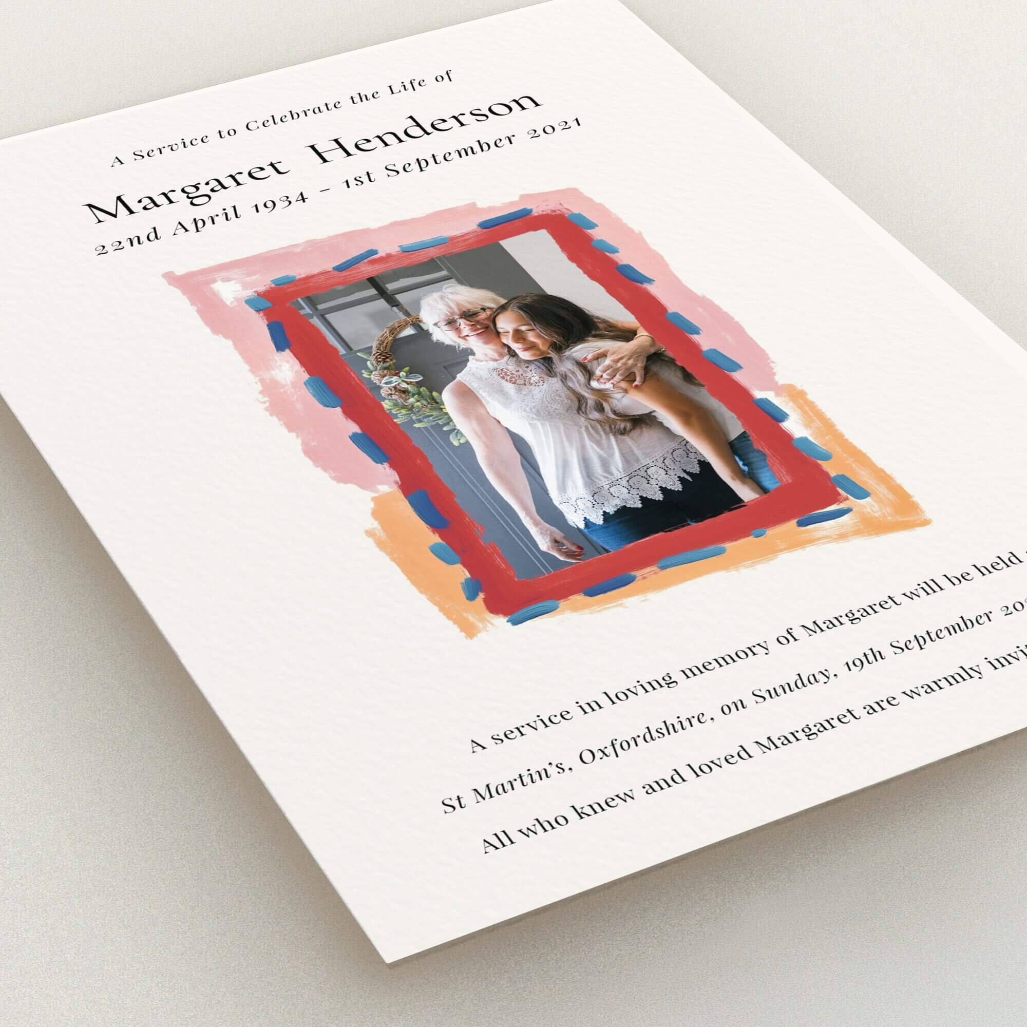 Colourful funeral announcement design featuring one photo, suitable for personalised services.