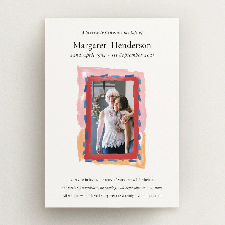Colourful funeral announcement design featuring one photo, suitable for personalised services.