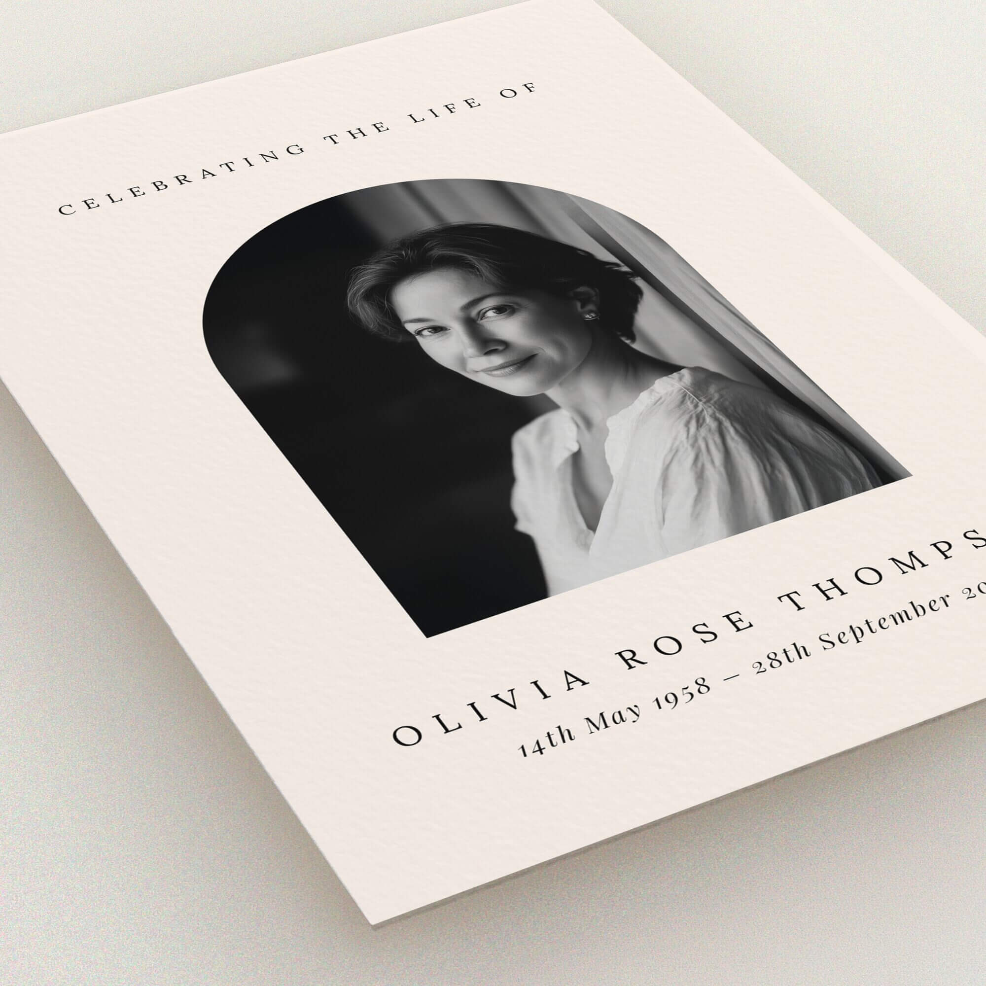 Funeral announcement design with elegant arch layout featuring one photo.