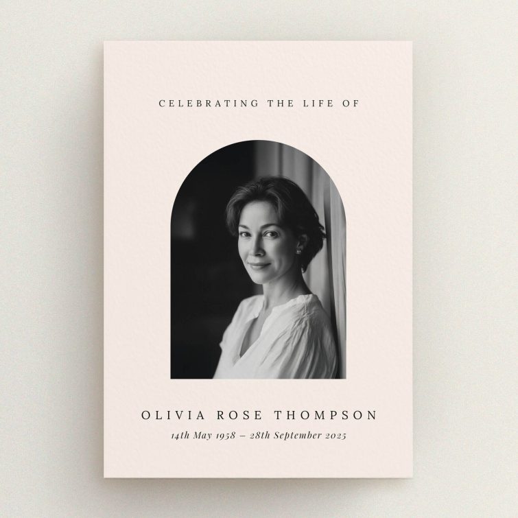Funeral announcement design with elegant arch layout featuring one photo.