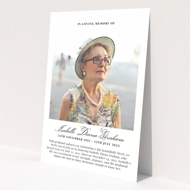 Funeral announcement with one photo and elegant typography