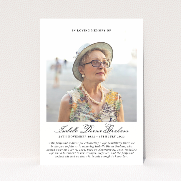 Funeral announcement with one photo and elegant typography