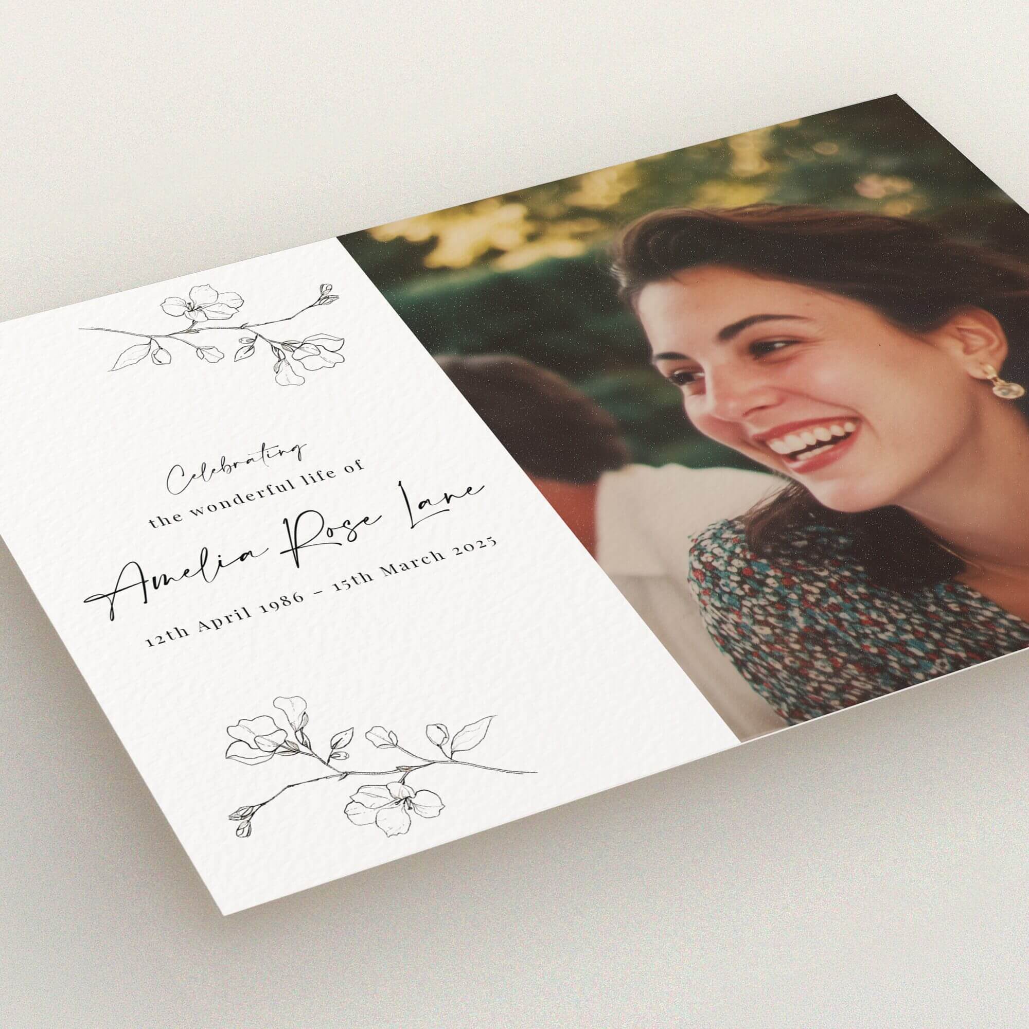 Elegant funeral announcement card design with floral decorations and one photo.