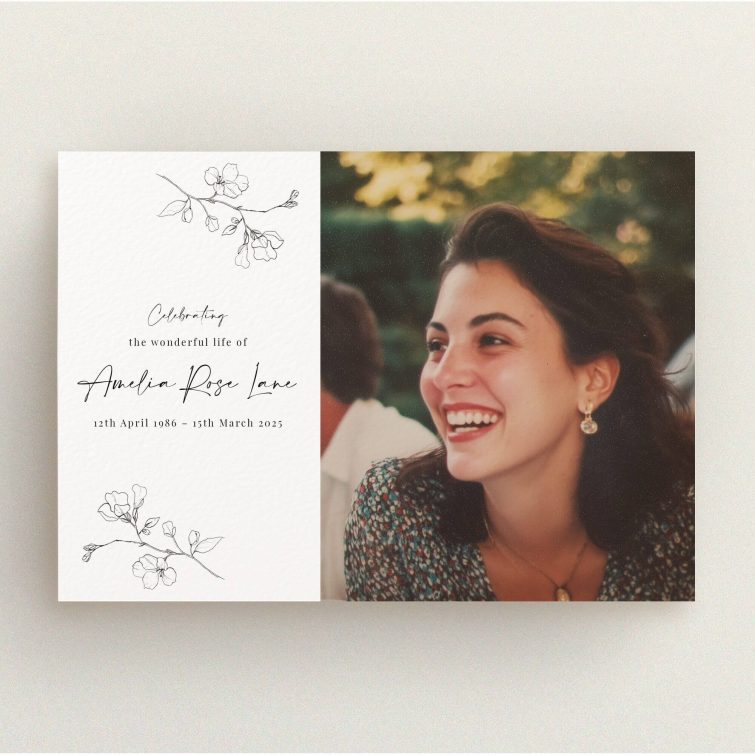 Elegant funeral announcement card design with floral decorations and one photo.