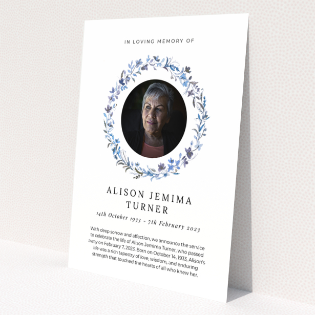 Funeral announcement design with floral wreath and one photo