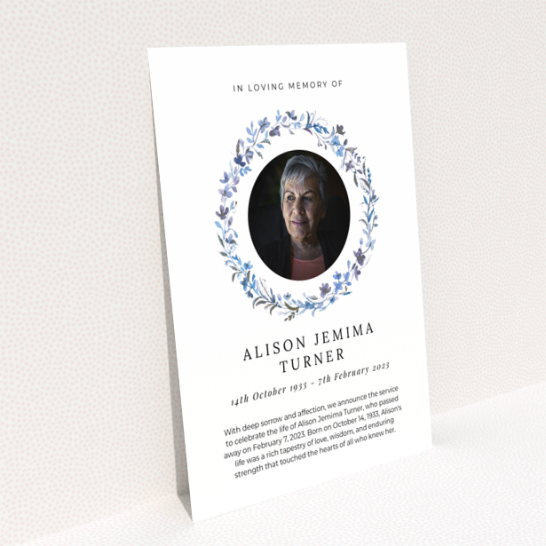 Funeral announcement back page design with service details and wake information Portrait