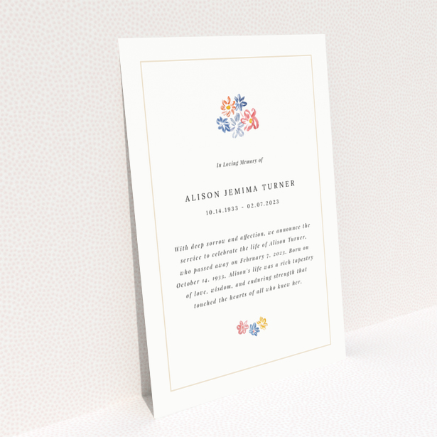 Floral funeral announcement with one floral illustration.
