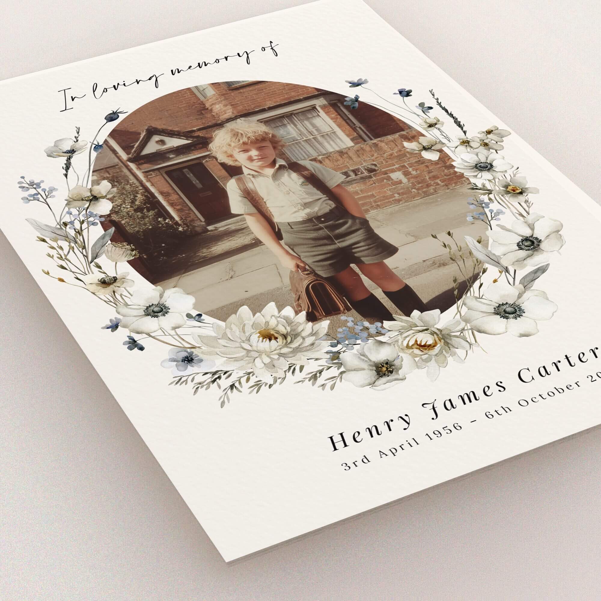 Floral border funeral announcement with one photo for Henry James Carter.