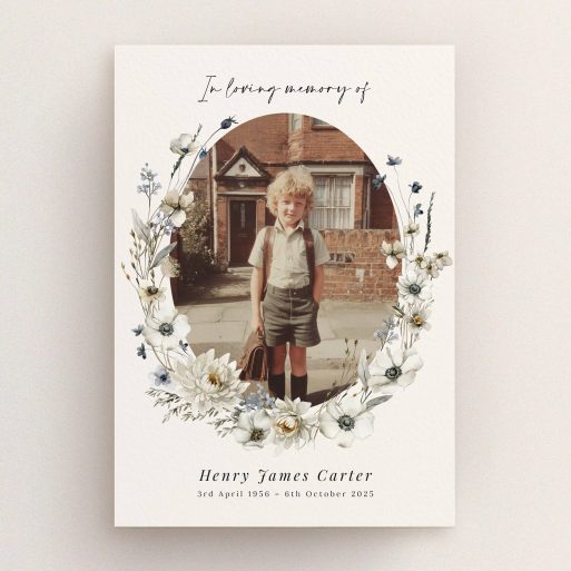 Floral border funeral announcement with one photo for Henry James Carter.