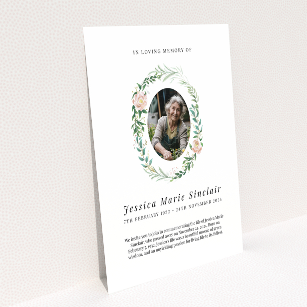 Funeral announcement card reverse side design Portrait with service and wake details text