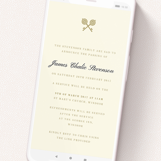 A funeral announcement for whatsapp design titled 'Crossed Keys'. It is a smartphone screen sized announcement in a portrait orientation. 'Crossed Keys' is available as a flat announcement, with tones of cream and gold.