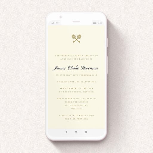 A funeral announcement for whatsapp design titled "Crossed Keys". It is a smartphone screen sized announcement in a portrait orientation. "Crossed Keys" is available as a flat announcement, with tones of cream and gold.