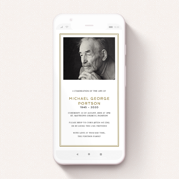 A funeral announcement for whatsapp template titled "Double Gold Frame". It is a smartphone screen sized announcement in a portrait orientation. It is a photographic funeral announcement for whatsapp with room for 1 photo. "Double Gold Frame" is available as a flat announcement, with tones of gold and white.