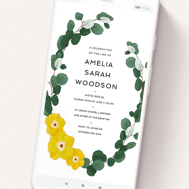 A funeral announcement for whatsapp design titled 'Eucalyptus Wreath'. It is a smartphone screen sized announcement in a portrait orientation. 'Eucalyptus Wreath' is available as a flat announcement, with tones of dark green and yellow.
