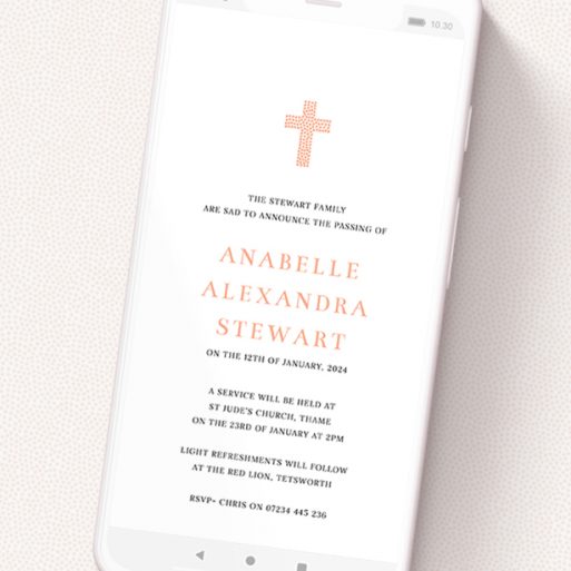 A funeral announcement for whatsapp template titled 'Heart Cross'. It is a smartphone screen sized announcement in a portrait orientation. 'Heart Cross' is available as a flat announcement, with tones of white and pink.