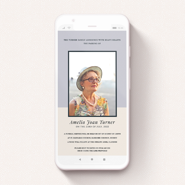 A funeral announcement for whatsapp template titled "Muted Pastels". It is a smartphone screen sized announcement in a portrait orientation. It is a photographic funeral announcement for whatsapp with room for 1 photo. "Muted Pastels" is available as a flat announcement, with tones of cream, purple and navy blue.