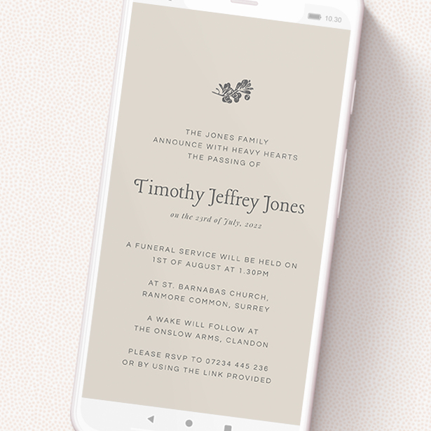 A funeral announcement for whatsapp template titled 'Oak Leaves Dusk'. It is a smartphone screen sized announcement in a portrait orientation. 'Oak Leaves Dusk' is available as a flat announcement, with mainly dark cream colouring.