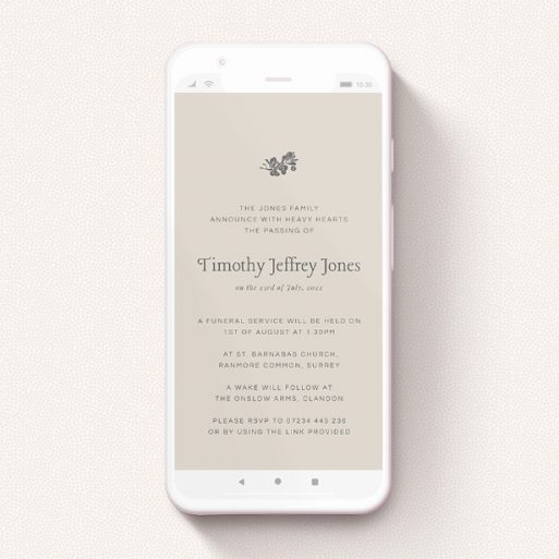 A funeral announcement for whatsapp template titled "Oak Leaves Dusk". It is a smartphone screen sized announcement in a portrait orientation. "Oak Leaves Dusk" is available as a flat announcement, with mainly dark cream colouring.