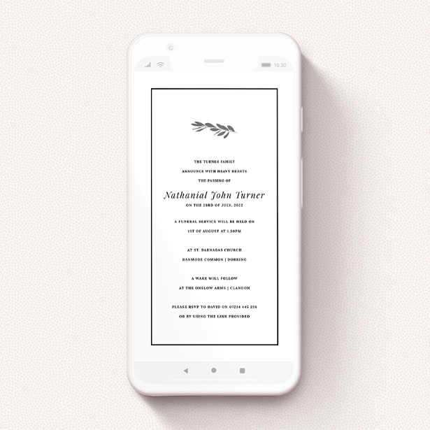 A funeral announcement for whatsapp design titled "Olive Branch Stamp". It is a smartphone screen sized announcement in a portrait orientation. "Olive Branch Stamp" is available as a flat announcement, with tones of white and black.