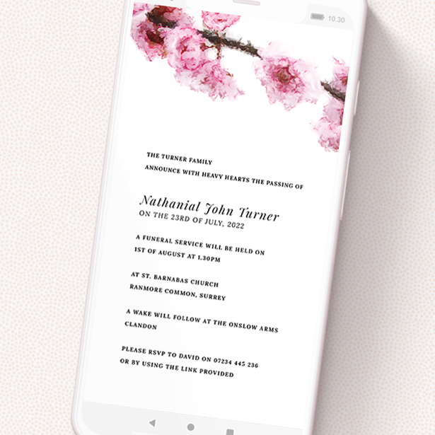 A funeral announcement for whatsapp design titled 'Pink Blossom Roof'. It is a smartphone screen sized announcement in a portrait orientation. 'Pink Blossom Roof' is available as a flat announcement, with tones of pink and white.