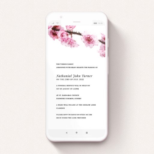 A funeral announcement for whatsapp design titled "Pink Blossom Roof". It is a smartphone screen sized announcement in a portrait orientation. "Pink Blossom Roof" is available as a flat announcement, with tones of pink and white.