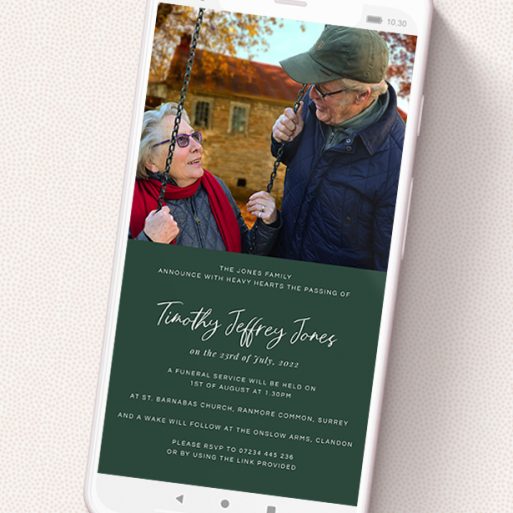 A funeral announcement for whatsapp design titled 'Racing Green'. It is a smartphone screen sized announcement in a portrait orientation. It is a photographic funeral announcement for whatsapp with room for 1 photo. 'Racing Green' is available as a flat announcement, with mainly green colouring.