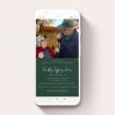 A funeral announcement for whatsapp design titled "Racing Green". It is a smartphone screen sized announcement in a portrait orientation. It is a photographic funeral announcement for whatsapp with room for 1 photo. "Racing Green" is available as a flat announcement, with mainly green colouring.