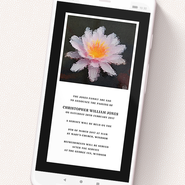 A funeral announcement for whatsapp template titled 'Respectful'. It is a smartphone screen sized announcement in a portrait orientation. 'Respectful' is available as a flat announcement, with tones of black and white.