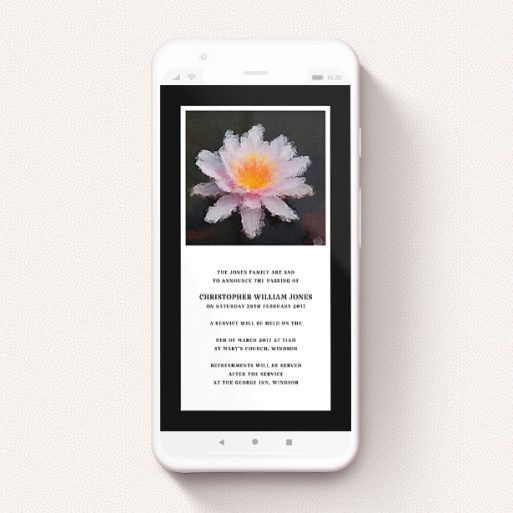 A funeral announcement for whatsapp template titled "Respectful". It is a smartphone screen sized announcement in a portrait orientation. "Respectful" is available as a flat announcement, with tones of black and white.