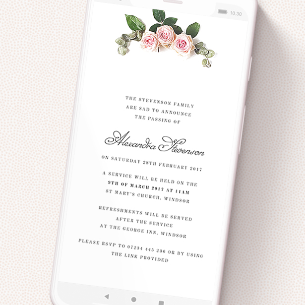 A funeral announcement for whatsapp template titled 'Rose Arrangement'. It is a smartphone screen sized announcement in a portrait orientation. 'Rose Arrangement' is available as a flat announcement, with tones of pink and white.