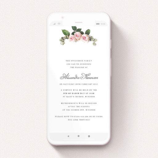 A funeral announcement for whatsapp template titled "Rose Arrangement". It is a smartphone screen sized announcement in a portrait orientation. "Rose Arrangement" is available as a flat announcement, with tones of pink and white.