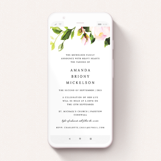 A funeral announcement for whatsapp template titled "Rose Roof". It is a smartphone screen sized announcement in a portrait orientation. "Rose Roof" is available as a flat announcement, with tones of pink and green.