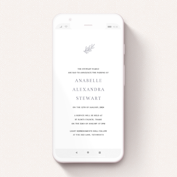 A funeral announcement for whatsapp design titled "Simple Botanics". It is a smartphone screen sized announcement in a portrait orientation. "Simple Botanics" is available as a flat announcement, with tones of white and grey.