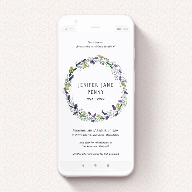 A funeral announcement for whatsapp template titled "Songbirds". It is a smartphone screen sized announcement in a portrait orientation. "Songbirds" is available as a flat announcement, with tones of off-white and green.